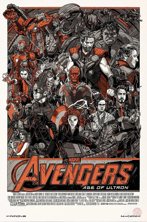 Marvel Avengers Age of Ultron poster featuring Iron Man, Thor, Hulk, Captain America, Black Widow, and Ultron in stylized red and gray art