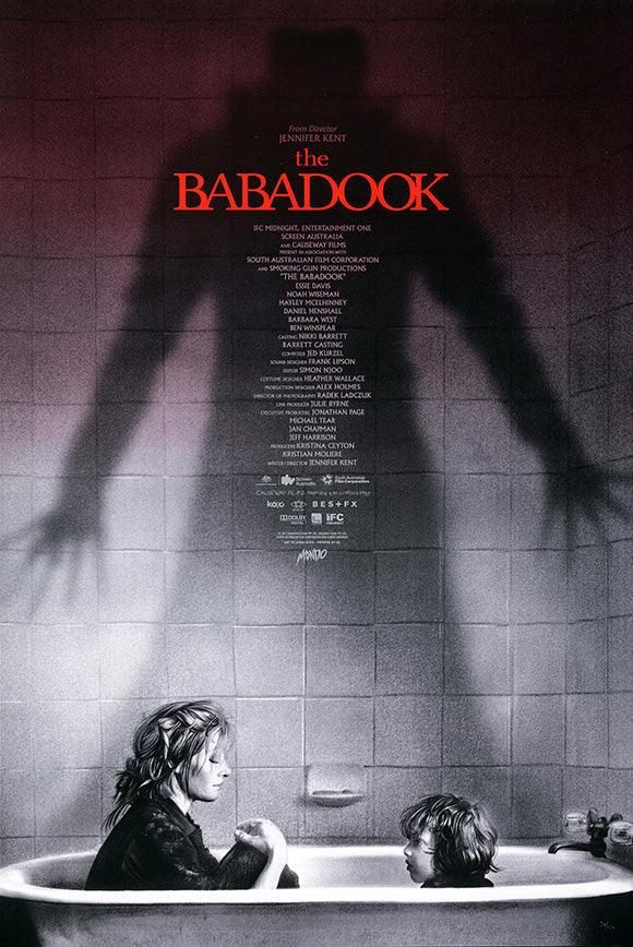 The Babadook movie poster with a mother and child in bathtub and ominous shadow on tiled wall