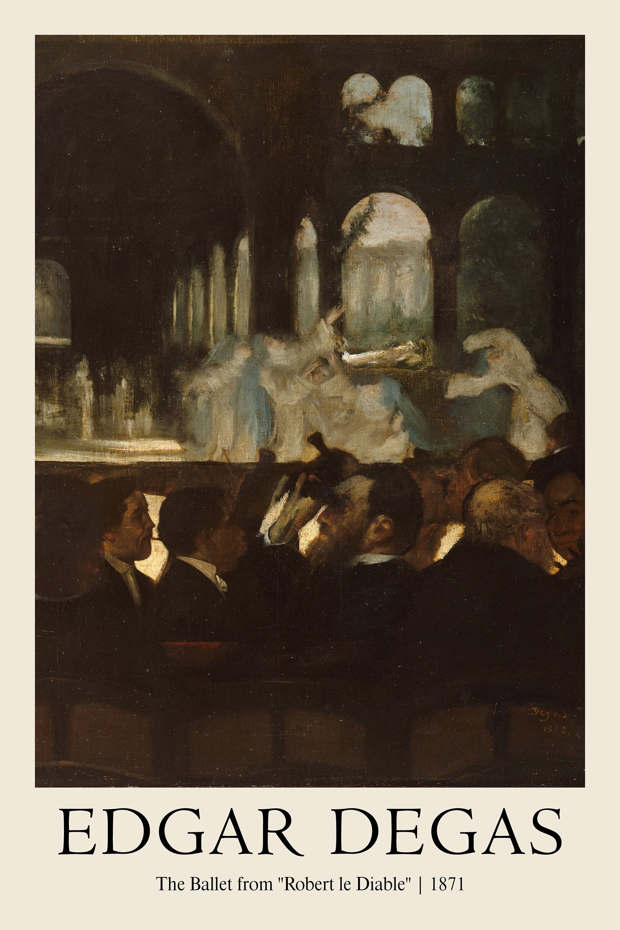 Oil painting by Edgar Degas showing a dimly lit audience of men watching white-clad ballet dancers perform on a far-off stage.