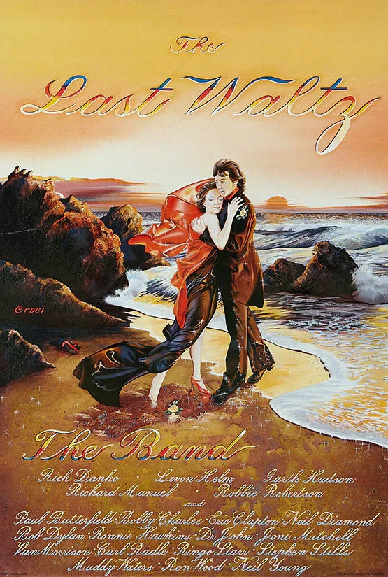 Vintage poster of The Last Waltz featuring a dancing couple on a beach at sunset with ocean waves and rocks
