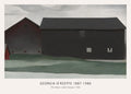 Georgia O'Keeffe painting depicting two dark, geometric barns against a grey sky and muted green grass, titled The Barns, Lake George.