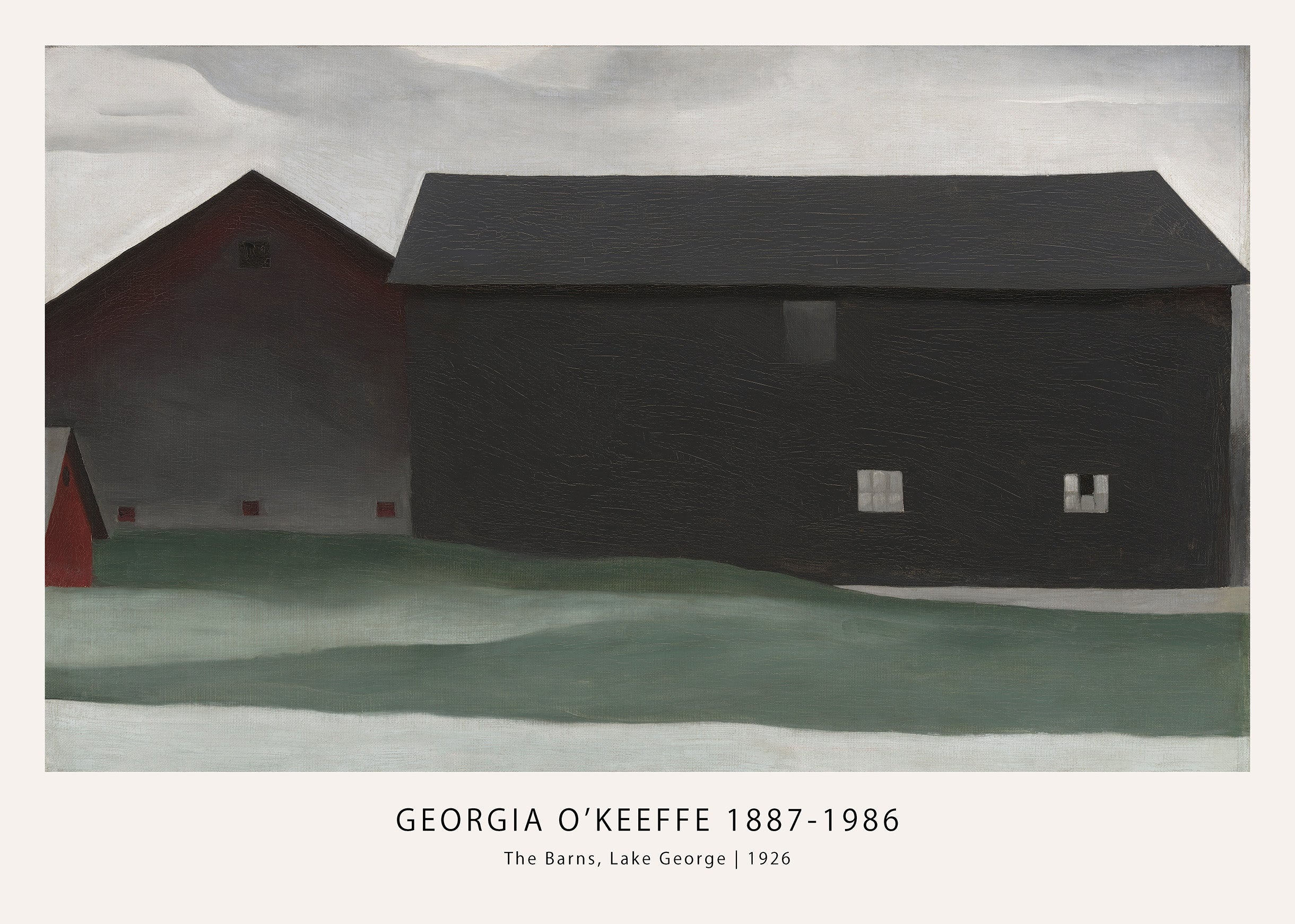 Georgia O'Keeffe painting depicting two dark, geometric barns against a grey sky and muted green grass, titled The Barns, Lake George.