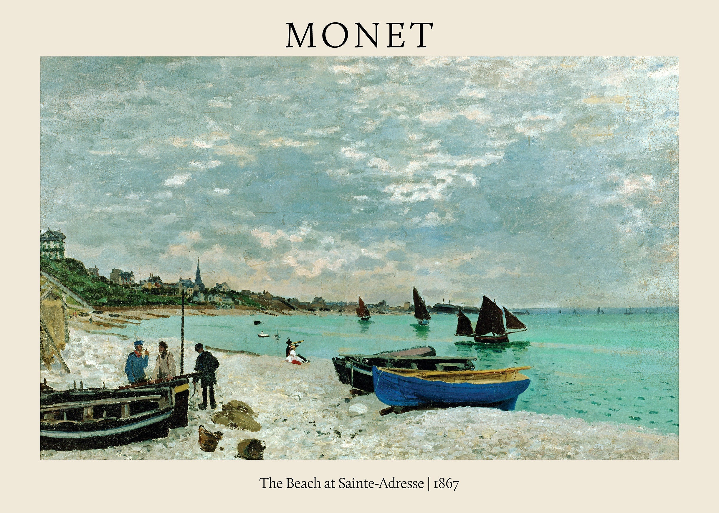 Claude Monet's 1867 Impressionist painting showing a shingle beach, several figures, a blue rowboat, and sailboats under a cloudy sky.