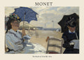 Classic oil painting by Claude Monet depicting two elegantly dressed women sitting with parasols on the sandy Trouville beach in 1870.