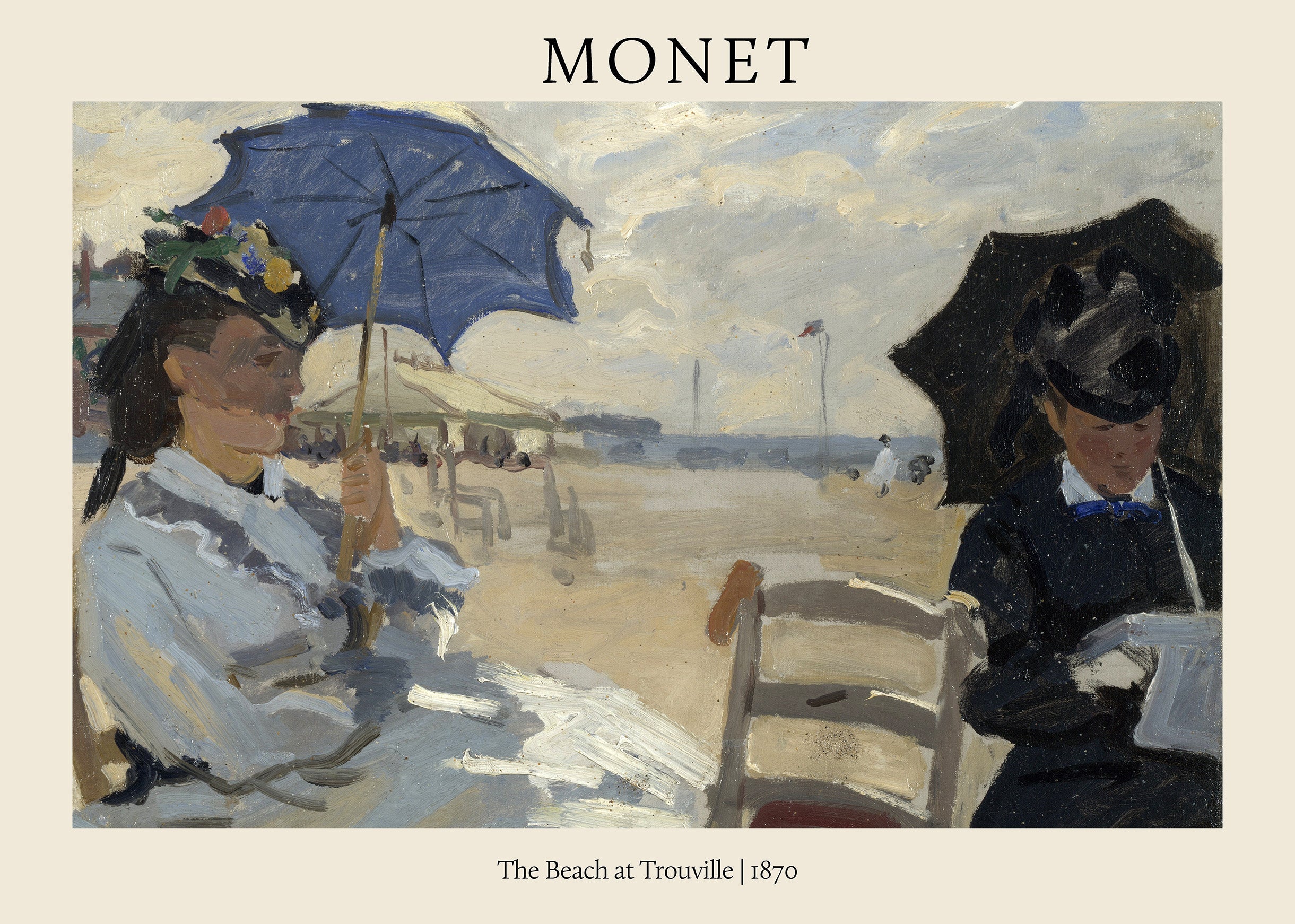 Classic oil painting by Claude Monet depicting two elegantly dressed women sitting with parasols on the sandy Trouville beach in 1870.