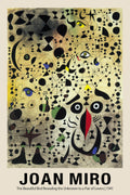 Joan Miró's "The Beautiful Bird" 1941 print showing black abstract shapes, eyes, and linear figures on a textured ochre-gold background.
