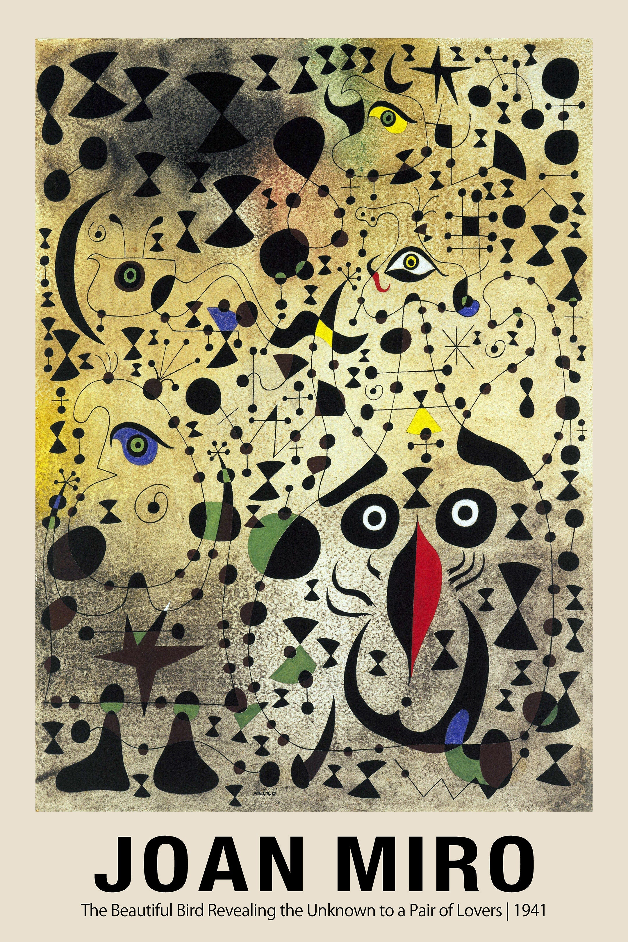 Joan Miró's "The Beautiful Bird" 1941 print showing black abstract shapes, eyes, and linear figures on a textured ochre-gold background.