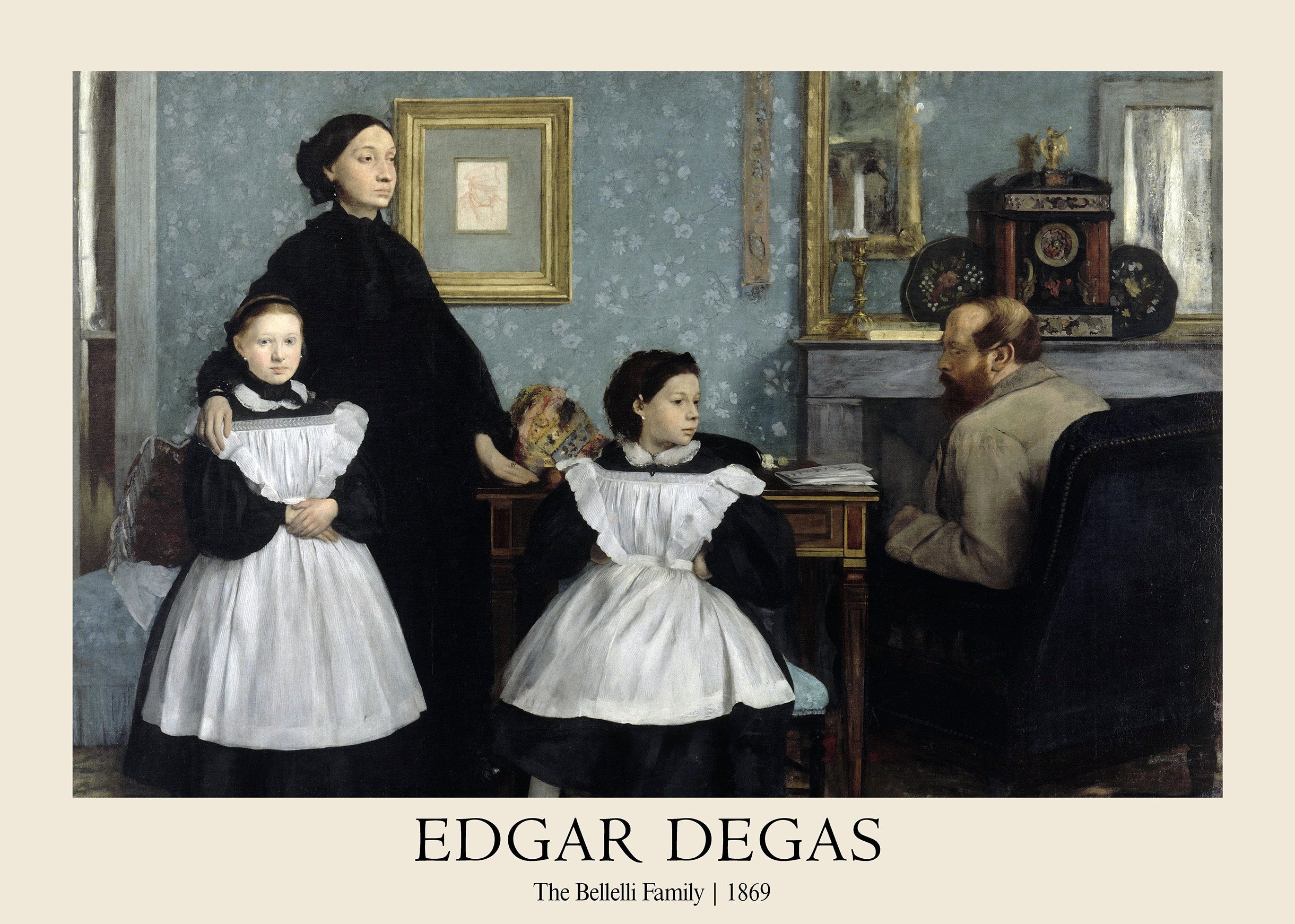 Edgar Degas’ painting of The Bellelli Family, showing Baroness Bellelli and her two daughters in formal dress, standing in an ornate blue wallpapered room.