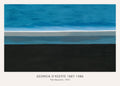 Abstract painting "The Beyond" by Georgia O'Keeffe (1972), featuring deep blue sky and a black ground separated by a gray and white horizontal line.