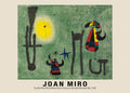 Reproduction of Joan Miró's 1950 oil painting showing colorful biomorphic figures, a bright yellow sun, and dark abstract shapes on a textured green background.