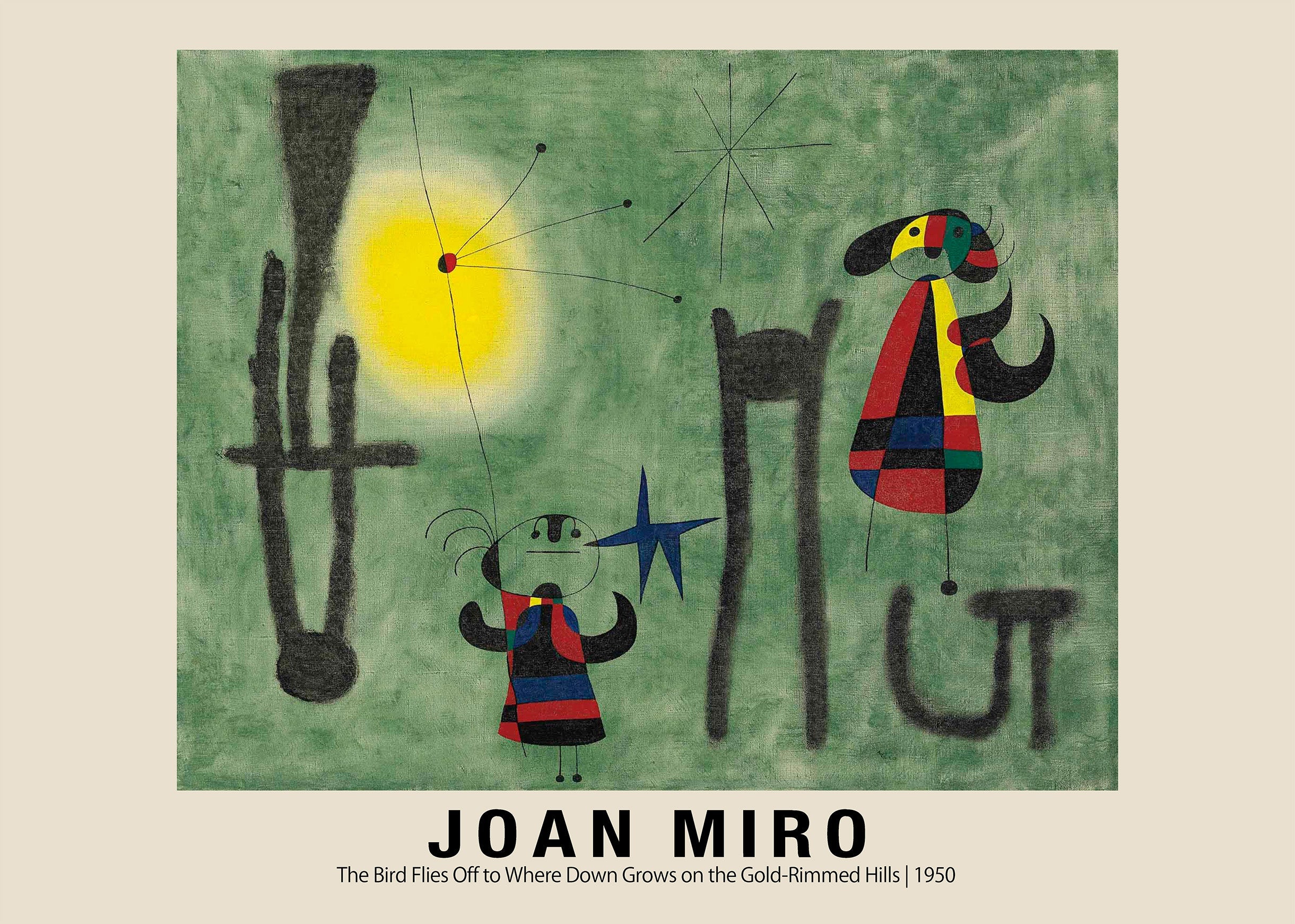 Reproduction of Joan Miró's 1950 oil painting showing colorful biomorphic figures, a bright yellow sun, and dark abstract shapes on a textured green background.