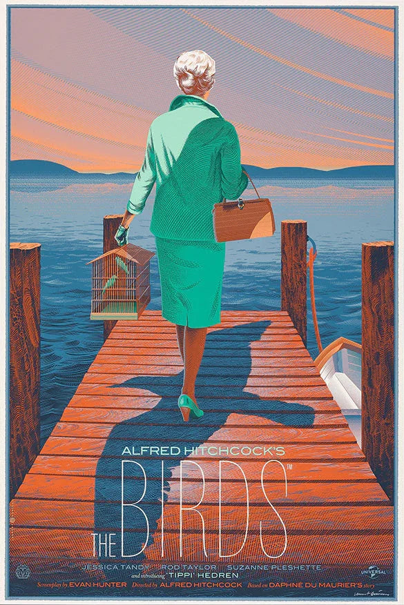 Vintage movie poster of Alfred Hitchcock's The Birds showing a woman in green walking on a wooden dock at sunset