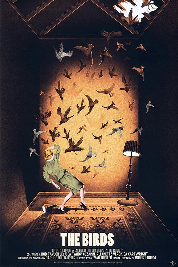 Vintage movie poster for Alfred Hitchcock's The Birds, woman startled by flying birds inside a room with a lamp and patterned rug