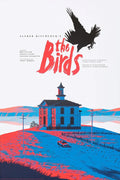 The Birds movie poster with a red and blue rural house under a large black crow flying overhead