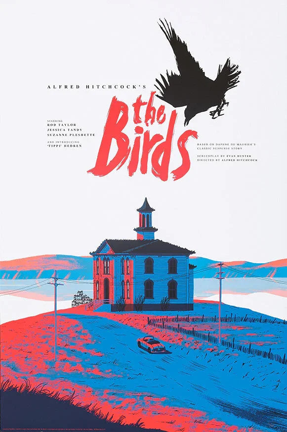 The Birds movie poster with a red and blue rural house under a large black crow flying overhead