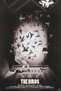 Black and white poster of Hitchcock's The Birds with woman terrified by flying birds in dark room