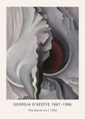 Close-up print reproduction of Georgia O'Keeffe's 1926 oil painting showing large, magnified white and gray iris petals surrounding a dark, deep maroon center.