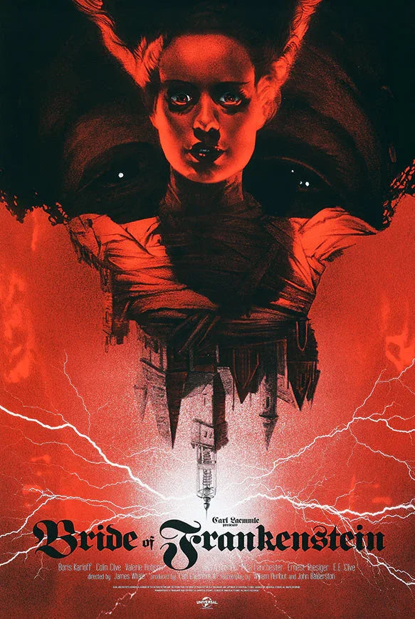 Red-toned Bride of Frankenstein poster featuring the Bride's intense face with electrified castle below