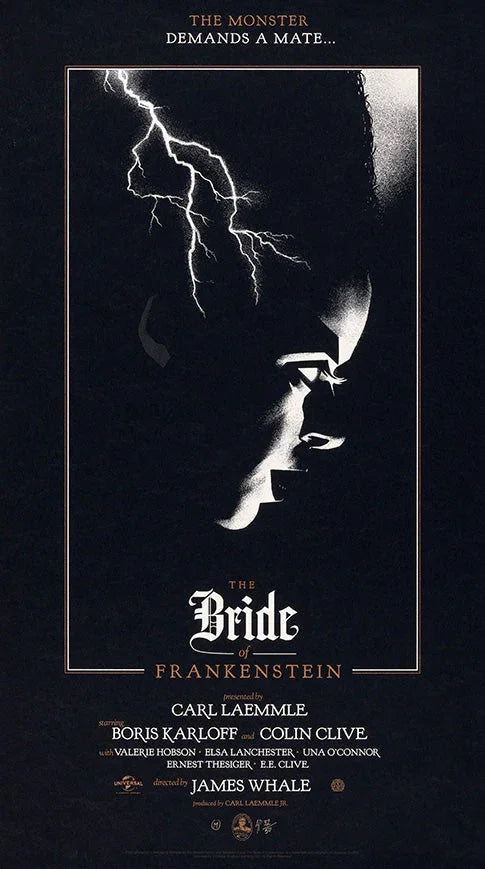 The Bride of Frankenstein movie poster with a stylized profile of the bride lit by lightning