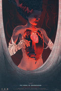 The Bride of Frankenstein artwork showing a woman with an exposed glowing heart and lungs, bandaged hands, and iconic hairstyle