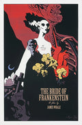 The Bride of Frankenstein movie poster featuring stylized figures, skulls, yellow flowers, and red heart art