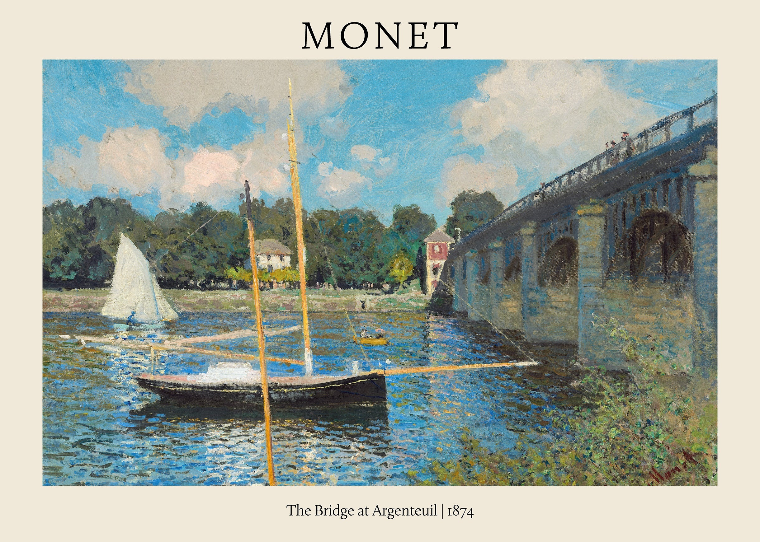 Oil painting by Claude Monet showing sailboats on the Argenteuil river beneath a large stone bridge under a bright, cloudy sky.