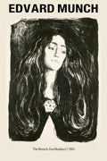 Black and white Expressionist portrait by Edvard Munch titled "The Brooch," depicting the violinist Eva Mudocci with long, flowing dark hair and a brooch visible at her chest.