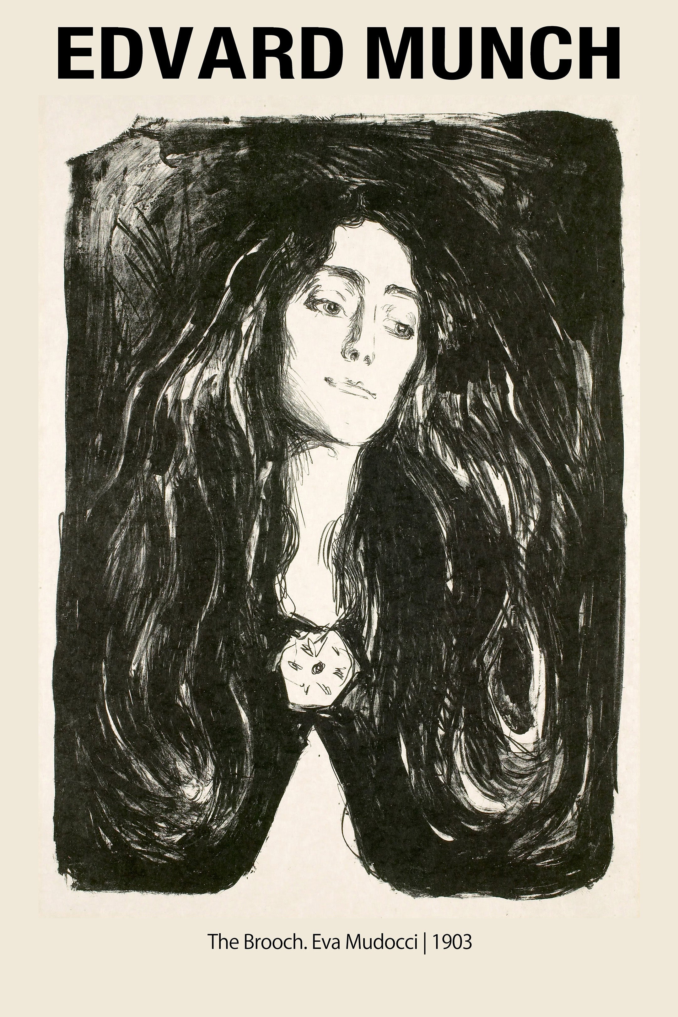 Black and white Expressionist portrait by Edvard Munch titled "The Brooch," depicting the violinist Eva Mudocci with long, flowing dark hair and a brooch visible at her chest.