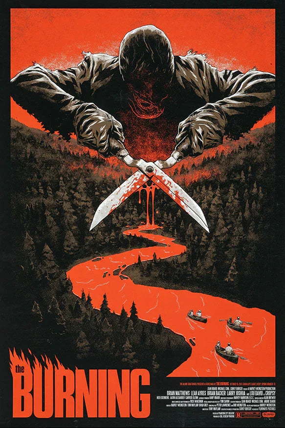 The Burning movie poster with a figure holding bloody scissors over a fiery red river flowing through a dark forest with canoeists