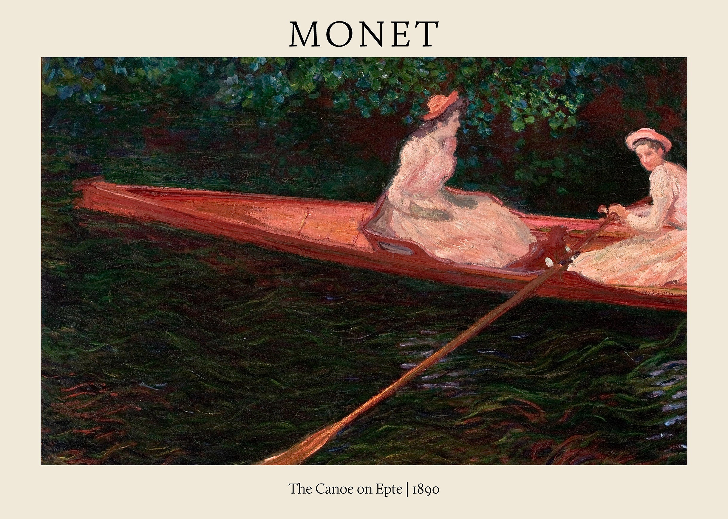 Claude Monet's 1890 oil painting, "The Canoe on Epte," featuring two women in a bright red boat gliding over dark, rippling water.