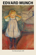 Edvard Munch's painting, *The Child and Death*, showing a blonde child covering her ears next to a figure on a sickbed.