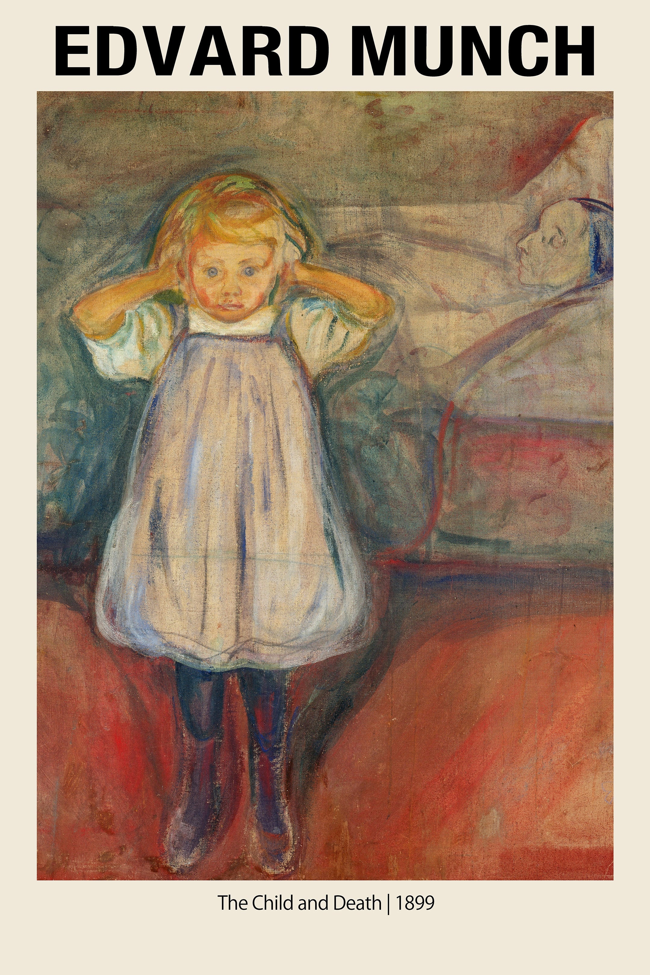Edvard Munch's painting, *The Child and Death*, showing a blonde child covering her ears next to a figure on a sickbed.