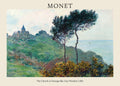 Claude Monet oil painting reproduction depicting the Church at Varengeville on a windy green cliff overlooking a gray-blue sea, featuring two tall, windswept trees in the foreground.