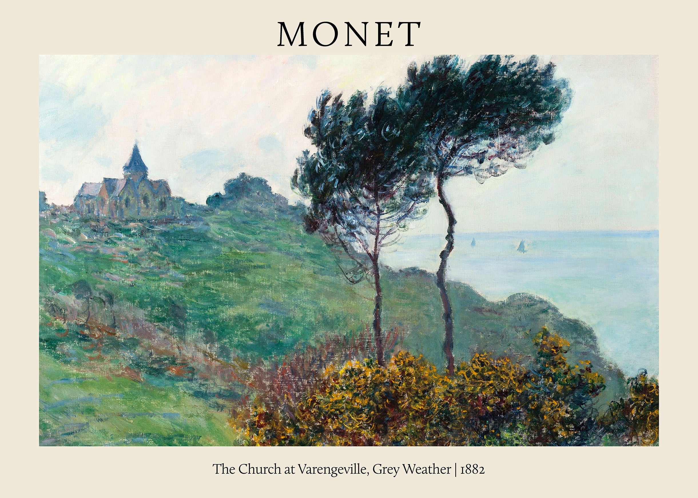 Claude Monet oil painting reproduction depicting the Church at Varengeville on a windy green cliff overlooking a gray-blue sea, featuring two tall, windswept trees in the foreground.