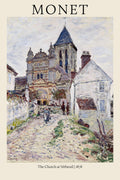 Claude Monet painting, "The Church at Vétheuil" (1878). Impressionist view of a French village road leading up to a stone church tower.