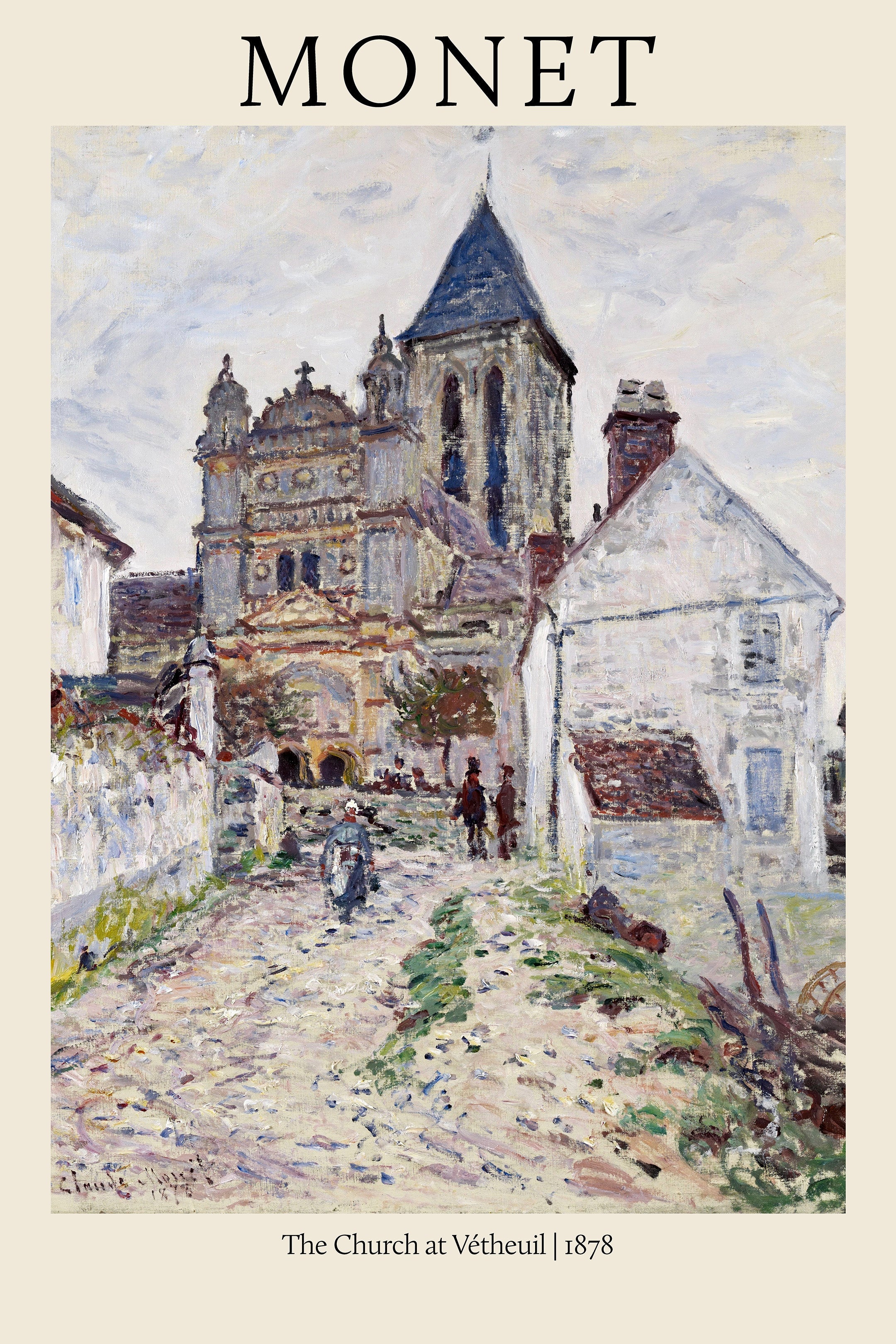 Claude Monet painting, "The Church at Vétheuil" (1878). Impressionist view of a French village road leading up to a stone church tower.