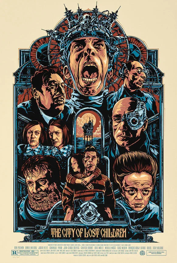 The City of Lost Children poster featuring stylized characters with dramatic expressions, mechanical headgear, and industrial background.