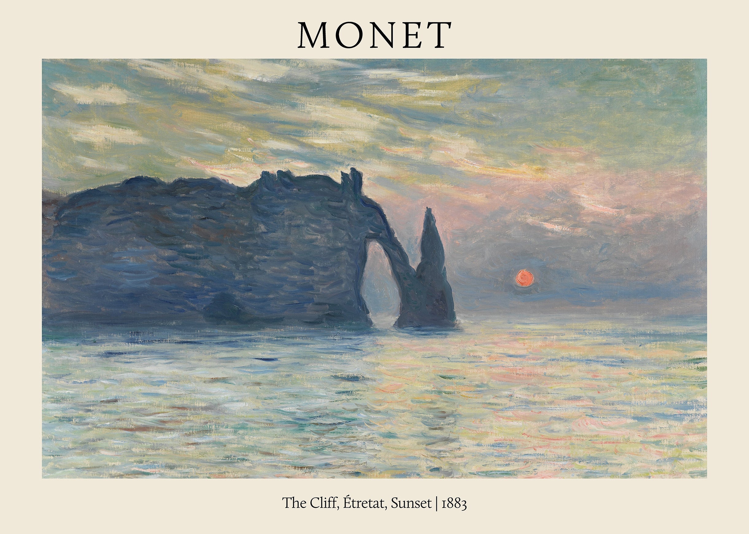 Oil painting by Claude Monet depicting the iconic sea arch and standing needle rocks of the Etretat cliffs at sunset over a calm, colorful sea.