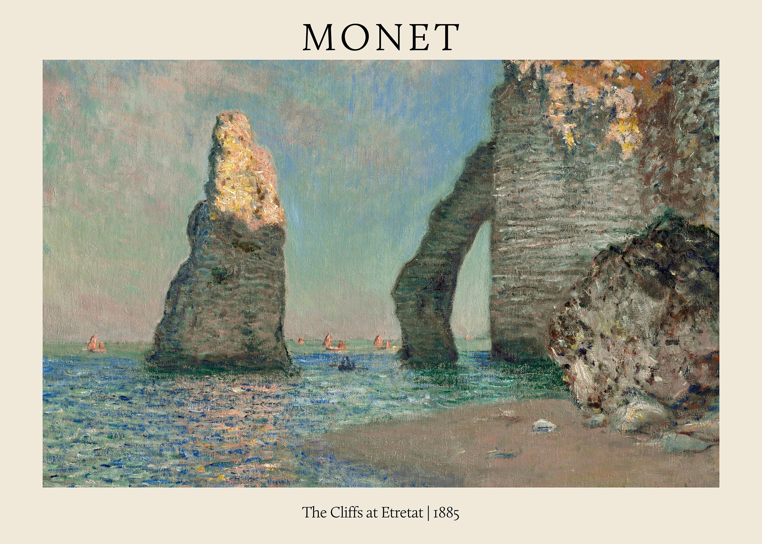 High-quality print of Claude Monet's 1885 painting, 'The Cliffs at Etretat,' depicting sea stacks and a natural arch on a French beach.