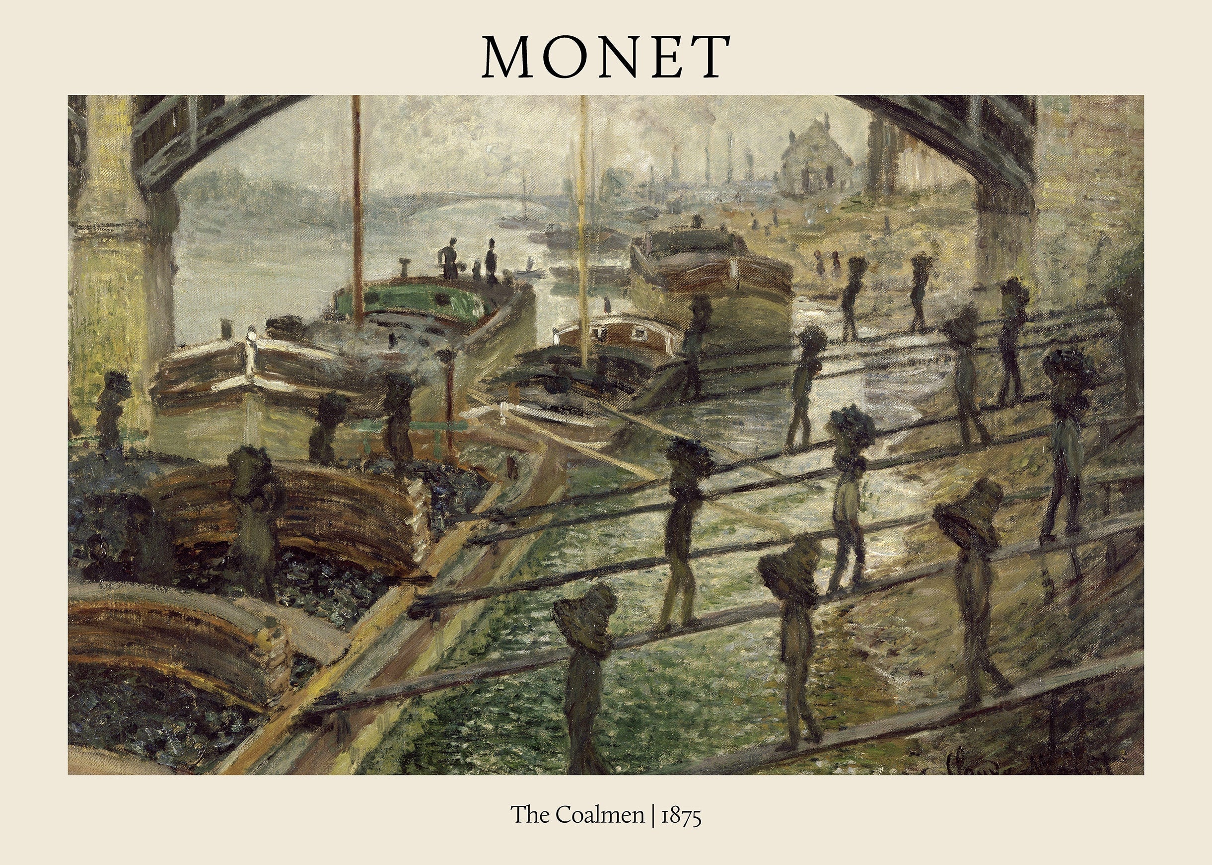 Claude Monet's "The Coalmen" oil painting (1875) depicting industrial labor: dark figures carry coal along wooden planks over barges on a misty river.