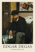 Oil painting by Edgar Degas (1866) showing a bearded man in a black hat sitting indoors, examining a collected print among files and papers.