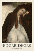 Edgar Degas painting, "The Convalescent" (1887). A woman in a white dress and dark brown shawl, leaning her head sadly on her hand. Muted colors and visible brushstrokes.