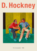 David Hockney painting "The Conversation" (1980) featuring two men sitting, one in a red shirt and one in a blue shirt and yellow tie, against a vibrant yellow and green background.