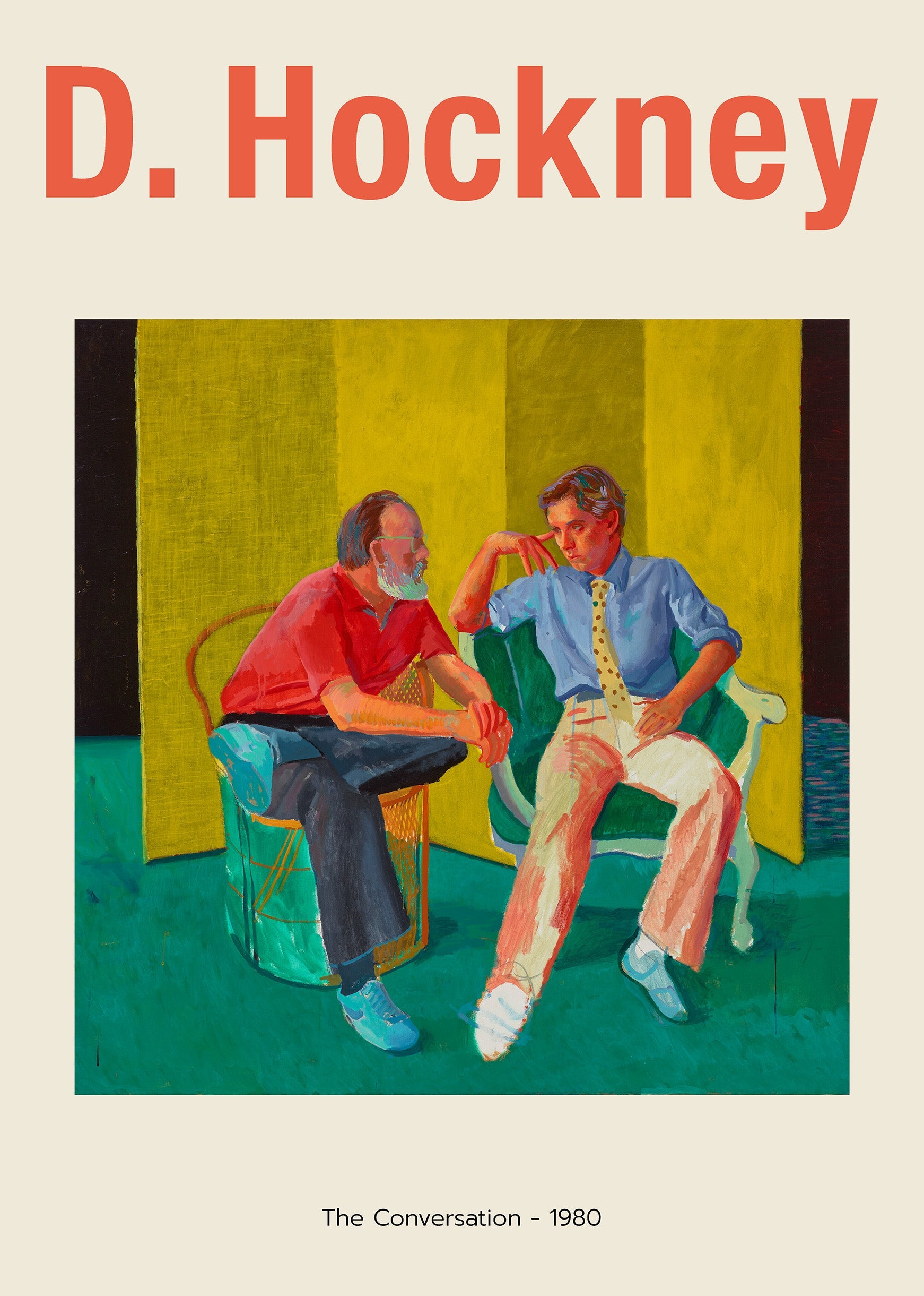 David Hockney painting "The Conversation" (1980) featuring two men sitting, one in a red shirt and one in a blue shirt and yellow tie, against a vibrant yellow and green background.