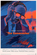 Illustrated movie poster for The Conversation featuring Gene Hackman in headphones with a cityscape background in blue and orange tones