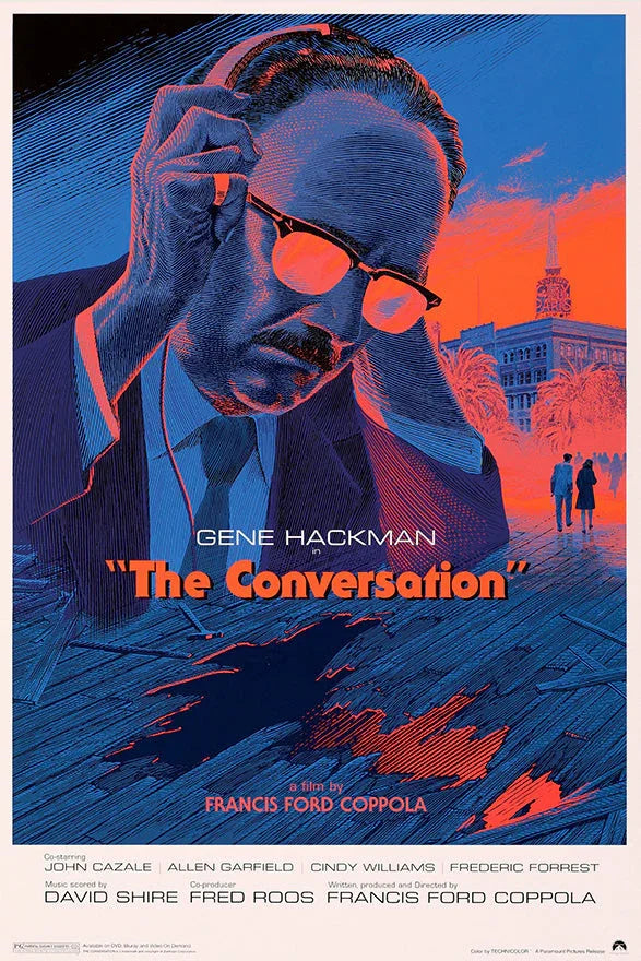 Illustrated movie poster for The Conversation featuring Gene Hackman in headphones with a cityscape background in blue and orange tones
