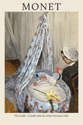 1867 Impressionist painting by Claude Monet titled "The Cradle," depicting his wife Camille gazing at their infant son Jean in a draped crib.