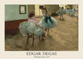 Edgar Degas oil painting "The Dance Lesson" showing ballerinas rehearsing in a warm, light-filled studio with soft pastel tutus.