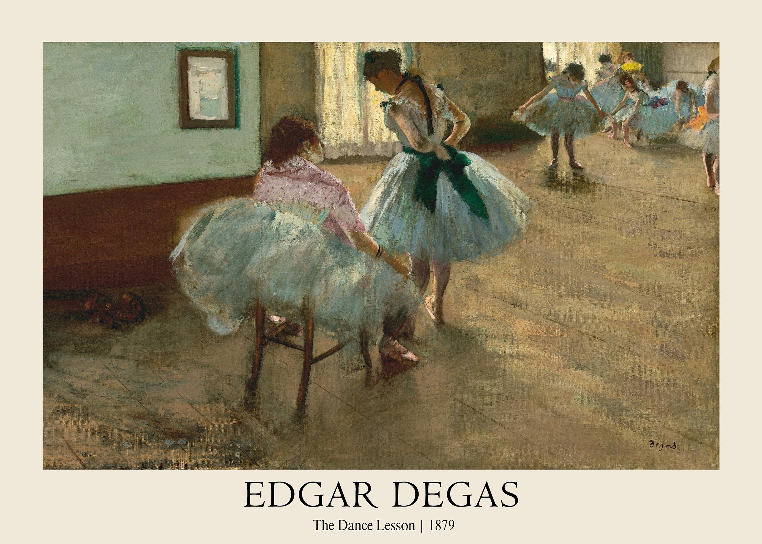 Edgar Degas oil painting "The Dance Lesson" showing ballerinas rehearsing in a warm, light-filled studio with soft pastel tutus.