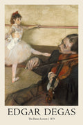 Edgar Degas' 'The Dance Lesson' pastel painting featuring a young ballerina in a white tutu at the barre, observed by a violinist in warm, impressionistic tones.